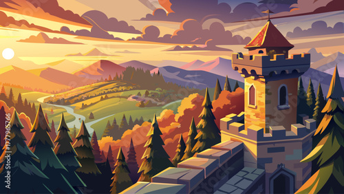 Looking out from the top of an old castle tower at sunset, golden light bathing rooftops and surrounding forests, creating a dreamy atmosphere of peace, adventure, and nostalgia, detailed vector art