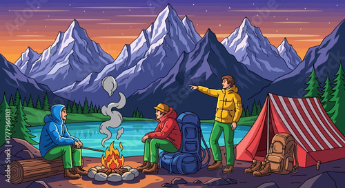 Pixel art Friends camping in mountains at twilight. Three people enjoy a campfire by a lake, tent pitched, for an outdoor adventure