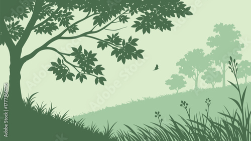 A serene green landscape featuring a prominent tree with lush foliage and gentle rolling hills in the distance