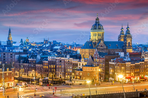 Canvas Print Amsterdam, Netherlands town cityscape over the Old Centre District with Basilica