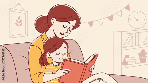 A mother and daughter reading a book together on a couch in a cozy room with decorations on the wall