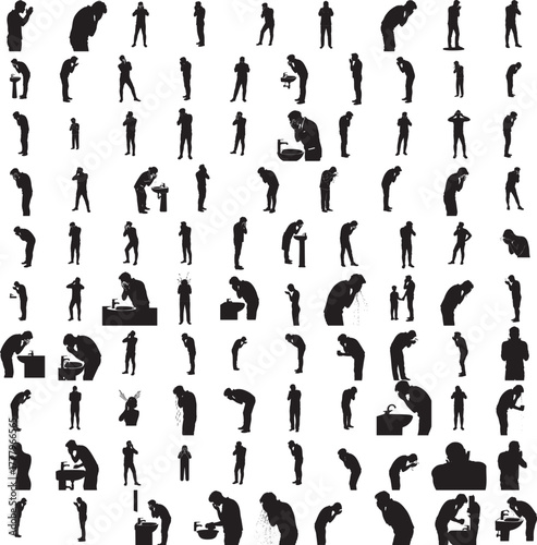 Silhouette of a person washing face isolated on white background