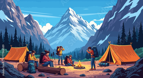 Camping in the Mountains Hikers Enjoying a Campfire Under Snow-Capped Peaks