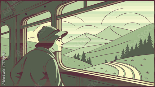 A person on a train looking out the window at a landscape of rolling hills and mountains in the distance