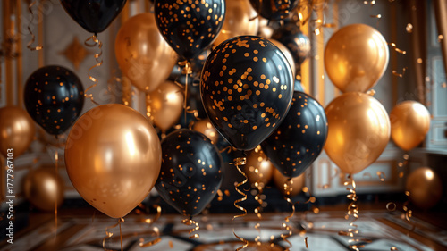 A room full of gold and black balloons. Christmas, New Year, Cyber Monday, sale, purchase, black friday