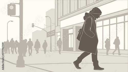 A person walks on a city street with other people in the background and buildings on a foggy day drawn