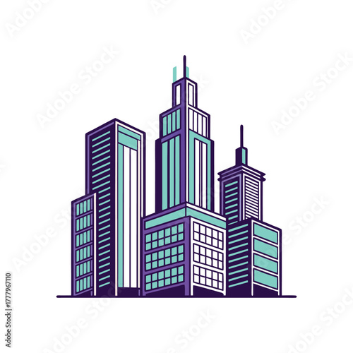 Modern City Skyline Illustration with Sleek Skyscrapers and Linear Design