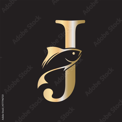 Initial Fish Logo combine with letter J vector template