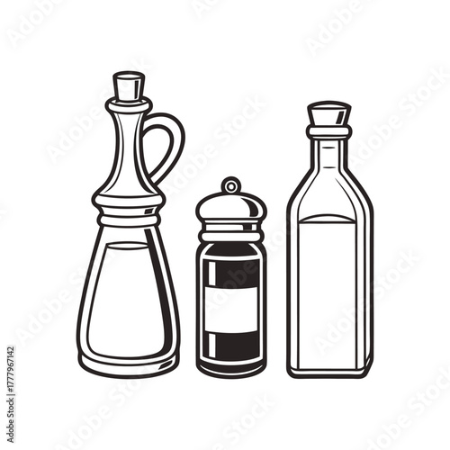 Set of kitchen condiments minimalist vector illustration in black and white