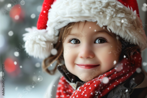 A little girl wearing a red hat and a red scarf. Christmas, New Year, Cyber Monday, sale, purchase, black friday