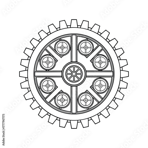 Steampunk Gear Wheel Machine Element Detailed Outline Engineering Drawing Design