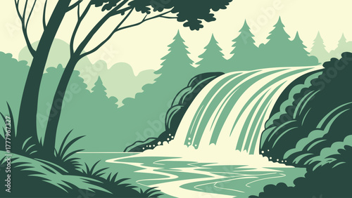 A serene waterfall cascading through a lush forest landscape with trees and vibrant green foliage views