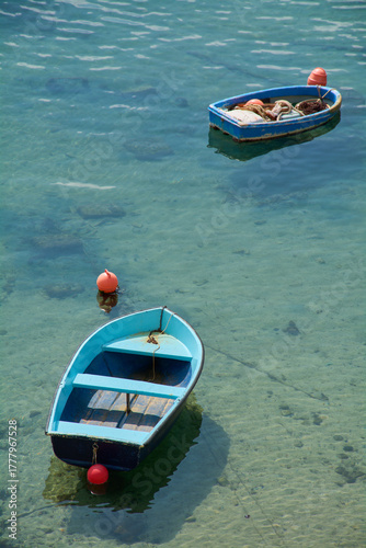 Two blue boats anchored in crystal clear turquoise water