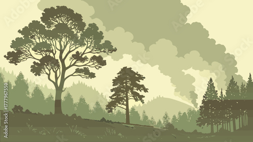 A serene forest landscape with layered trees and a hazy, smoky atmosphere in muted green tones and shades