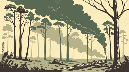 Illustration of a forest landscape with tall trees and smoke rising in the distance on a sunny day