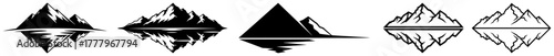 Set of mountain range logo templates with water reflection Monochrome vector icons for adventure travel and outdoor brands