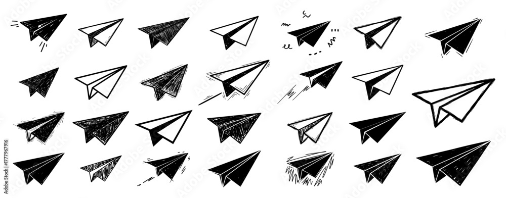 Naklejka premium Hand drawn doodle paper plane collection. Vector set of flying origami airplane sketch icons