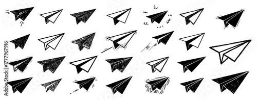 Hand drawn doodle paper plane collection. Vector set of flying origami airplane sketch icons