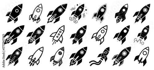 Hand drawn space rocket doodle icon set. Vector cartoon spaceship collection for startup business