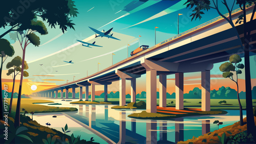 Very beautiful view from below the Atchafalaya Basin Bridge, also known as the Louisiana Airborne Memorial Bridge, carrying Interstate 10 between Baton Rouge and Lafayette, surrounded by lush wetlands