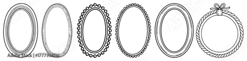Oval vintage frames and round rope wreath set hand drawn outline vector borders