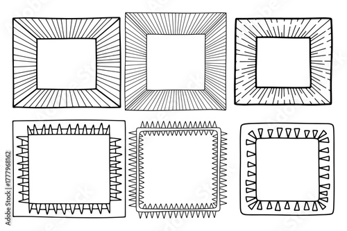 Square frames with sunburst rays and spiky borders hand drawn outline vector collection
