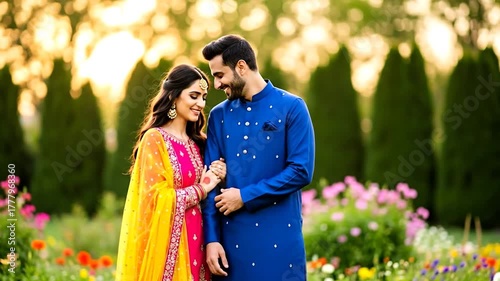 Pakistani couple in vibrant traditional attire celebrating joyfully outdoors