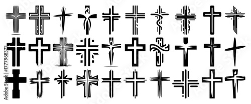Christian cross symbols set assorted styles hand drawn faith religious icons vector collection
