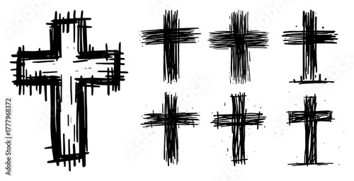 Hand drawn grunge cross vector set Christian symbol collection in sketch style