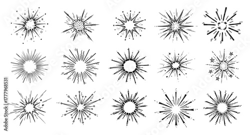 Radial sunburst starburst fireworks rays set hand drawn vintage burst elements vector collection