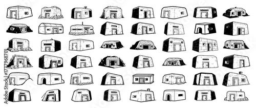 Set of bunker icons Hand drawn shelter and fortification building silhouettes