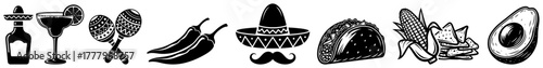 Set of vintage monochrome Mexican culture icons Food drink and traditional symbols vector collection
