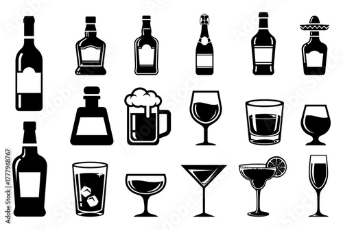 Big set of alcohol drink icons Bottles and glasses silhouettes for bar menu vector collection