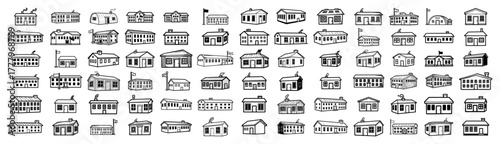 Hand Drawn Doodle Set of School University and Government Building Icons