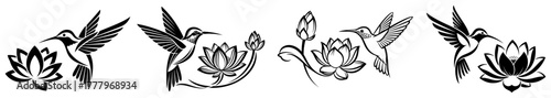 Hummingbird and lotus flower icons set hand drawn decorative tattoo style vector border