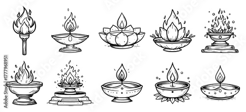 Set of hand drawn Indian Diya oil lamps for Diwali festival Sketch vector collection of traditional lights
