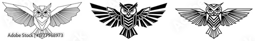 Owl emblems with spread wings geometric tribal tattoo style vector set