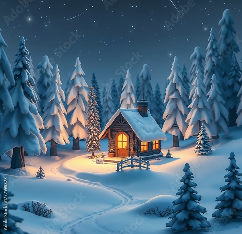 Cozy winter cabin in the woods surrounded by snow-covered trees and glowing stars
