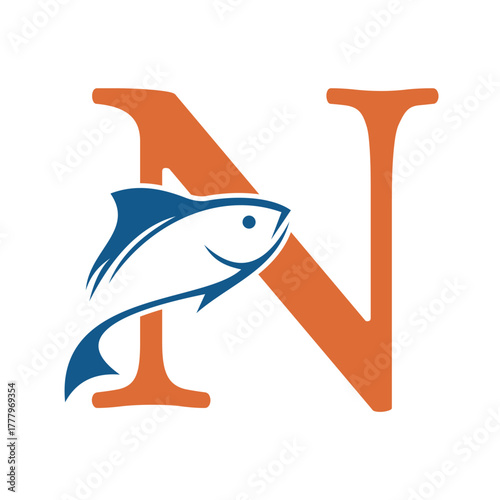 Initial Fish Logo combine with letter N vector template
