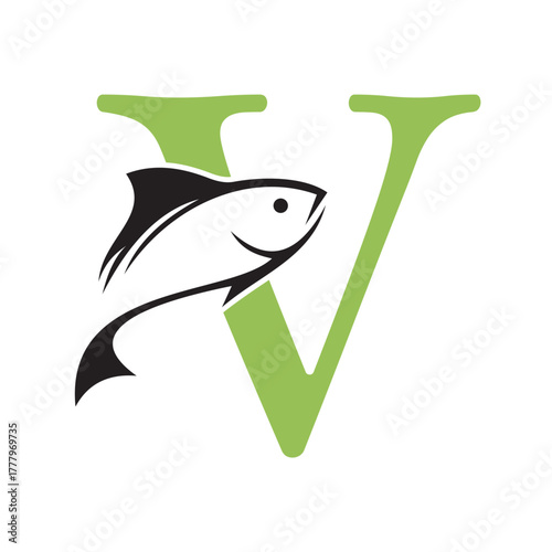 Initial Fish Logo combine with letter V vector template