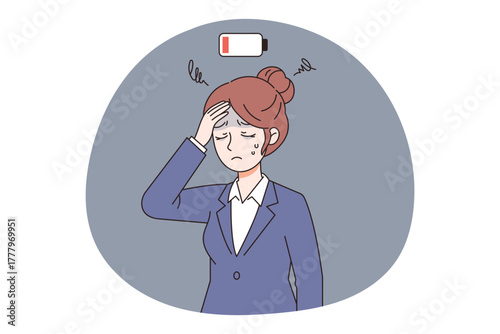 Tired woman with low social battery. Introvert energy drained, burnout, or exhaustion concept illustration.