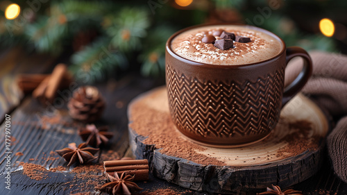 A brown mug with chocolate and cinnamon on top of a wooden table. Christmas, New Year, Cyber Monday, sale, purchase, black friday