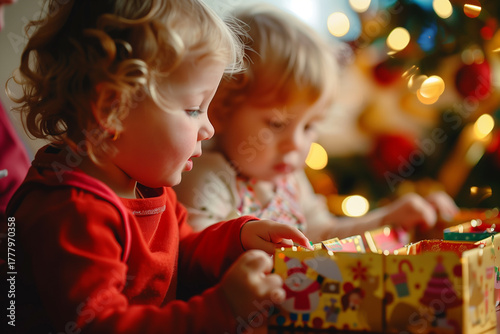 Two children are sitting on the floor and looking at a box. Christmas, New Year, Cyber Monday, sale, purchase, black friday