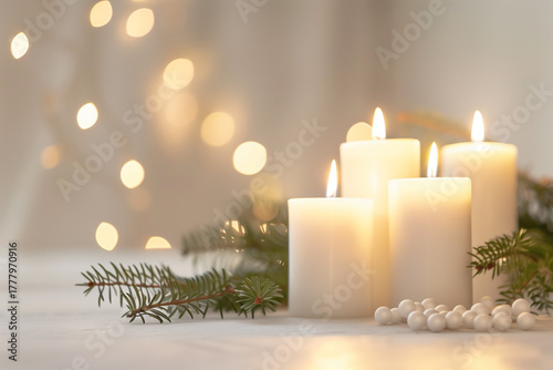 Four candles are lit on a table with pine needles. Christmas, New Year, Cyber Monday, sale, purchase, black friday