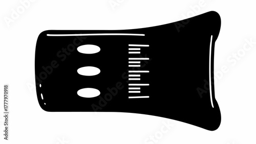 Illustration of a black volumetric flask with three white circles and measurement lines displayed