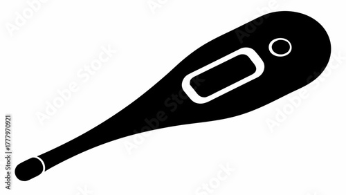 Black and white silhouette of a digital thermometer with a display and a sensor tip design style