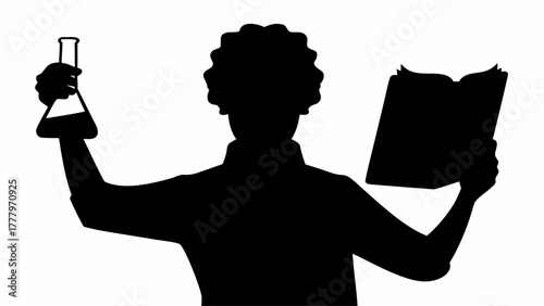 Silhouette of a person holding a flask in one hand and a book in the other hand in black and white