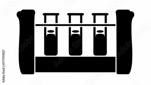 Illustration of three test tubes filled with liquid in a black rack for scientific laboratory use