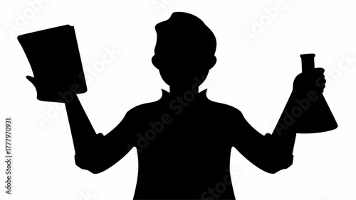 Silhouette of a person holding a book in one hand and a flask in the other for experiment purpose