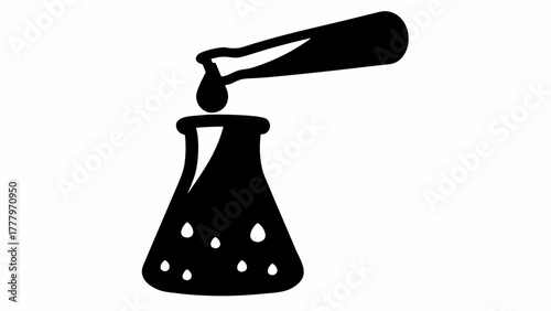 Laboratory experiment showing liquid being poured from test tube into flask in black and white color